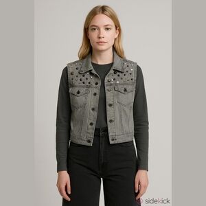 🩶 Denim M Vest Studs Sequins Buttons Chains Faux Pearls